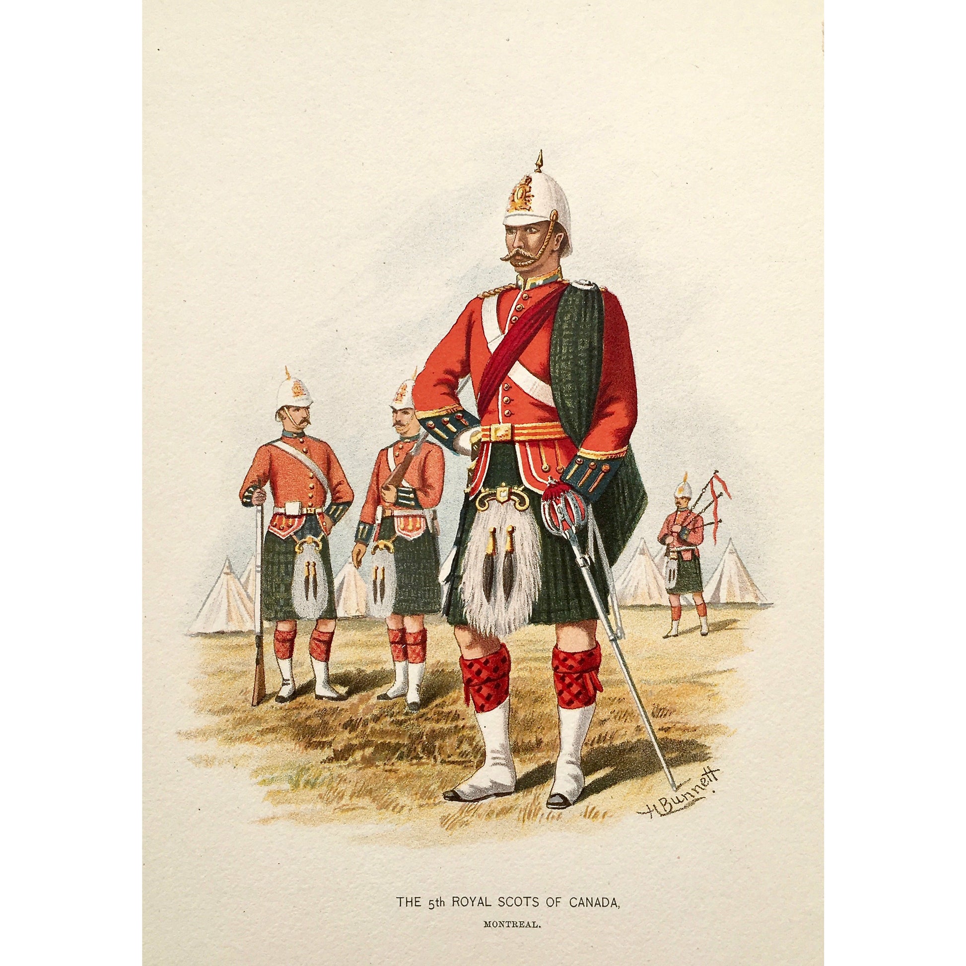 The 5th Royal Scots of Canada, Scots, Royal Scots, Scottish, Scotland, Kilts, bagpipes, Montreal, Canada, Artillery, Military, Military Costume, Horses, Riding, Costume, Uniform, Her Majesty's Army, Regiments, Queen's Forces, H. Bunnett, Bunnett, Sword, Army, London, 1890, Military Prints, Canadian, Canadian Military, Canadian Army, Armed Forces, Military Uniform, Chromolithograph, J. S. Virtue & Co., Antique Prints, Antique, Prints, Militia, Original, Interior decor, office art, army art, queen's army, art