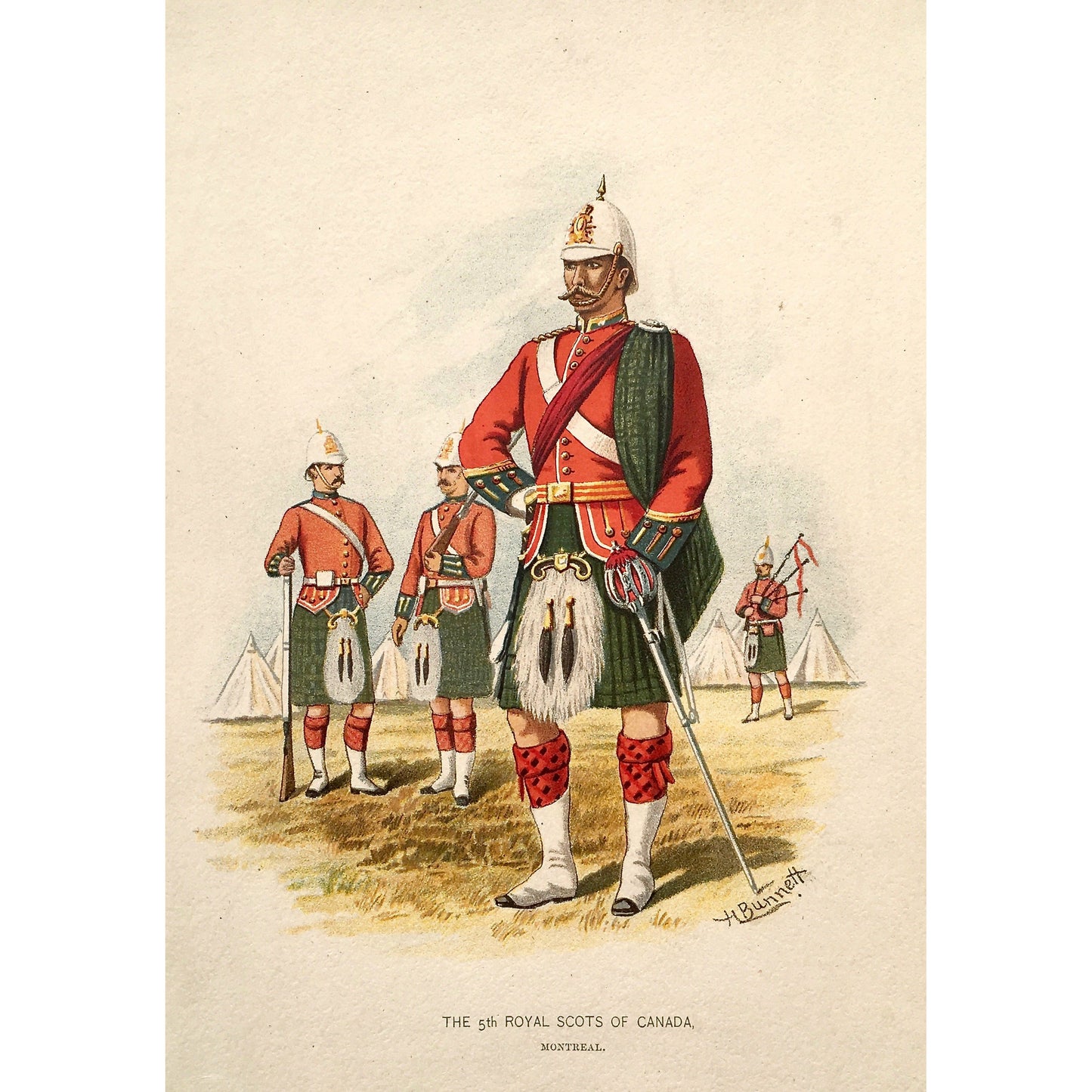 The 5th Royal Scots of Canada, Scots, Royal Scots, Scottish, Scotland, Kilts, bagpipes, Montreal, Canada, Artillery, Military, Military Costume, Horses, Riding, Costume, Uniform, Her Majesty's Army, Regiments, Queen's Forces, H. Bunnett, Bunnett, Sword, Army, London, 1890, Military Prints, Canadian, Canadian Military, Canadian Army, Armed Forces, Military Uniform, Chromolithograph, J. S. Virtue & Co., Antique Prints, Antique, Prints, Original, Original Prints, Art History, Military History, Interior Decor, 